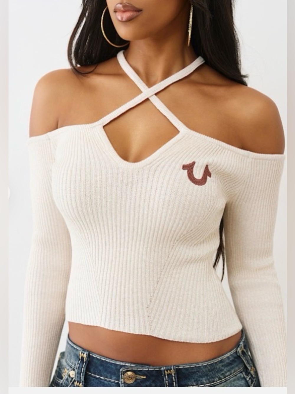 True Religion Cream Off-Shoulder Ribbed Tank with Crisscross Straps